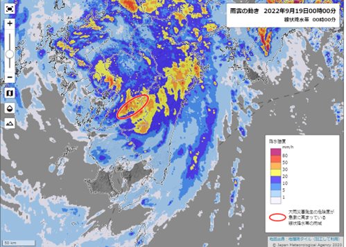 宮崎県で発生した線状降水帯